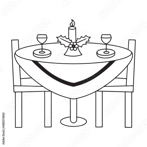 Romantic candlelit dinner table setting with two wine glasses and holly vector illustration