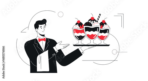 Stylish Server Presenting Sundaes: A Delightful Illustration for Restaurant Branding Material