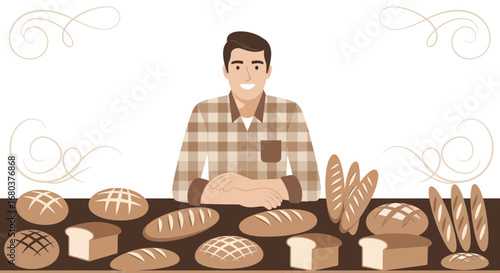 Smiling Baker with Bread Selection Displaying Fresh Baked Goods for Sale and Ready to Serve