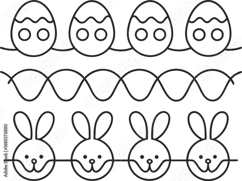 A delightful line art featuring easter eggs and bunnies, , perfect for spring holiday designs and festive decorations