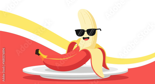 Smiling Banana Character Wearing Sunglasses Resting on a Plate in Colorful Design