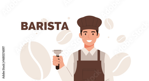 Smiling Barista Holding a Coffee Machine Part, Perfect For Cafe And Restaurant Designs
