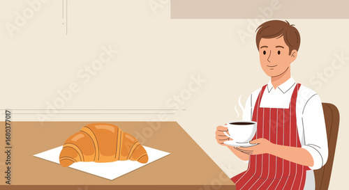 Smiling Barista With Coffee Cup Looking Towards Croissant In Bakery Shop