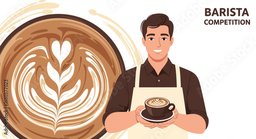 Smiling Barista Showcases Artful Latte Presentation During Competition, Close-Up View
