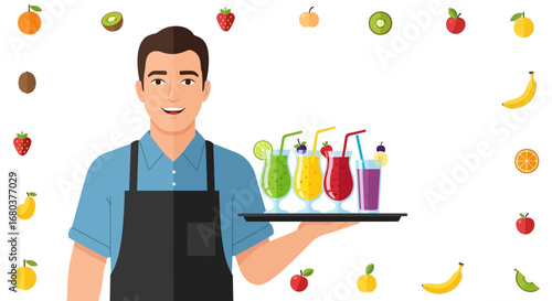 Smiling Bartender Holding Freshly Made Juice Variety and Fruits Illustration