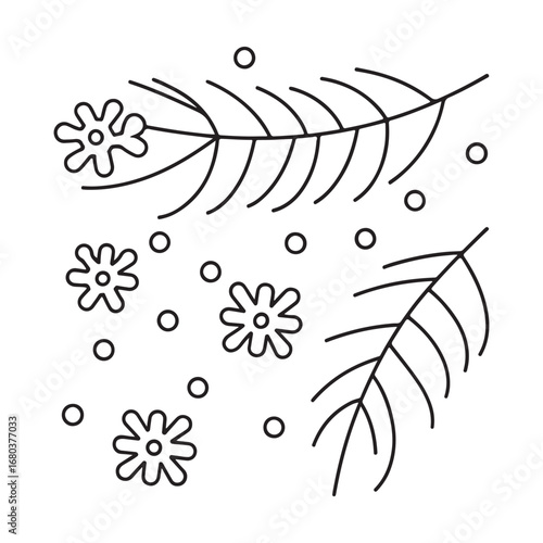 Simple Line Art Illustration of Pine Branches and Snowflakes on a White Background pine needles winter