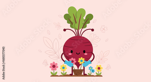 Smiling Beetroot Character Planting Flowers in a Garden with Blossoms and Foliage