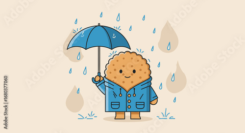 Smiling Biscuit Character With Blue Umbrella, Standing In The Rain, Cute Cartoon Imagery