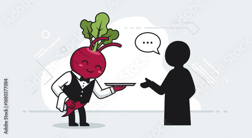 Smiling Beetroot Waiter Presenting Tray to a Customer, Asking Something, Cute Cartoon