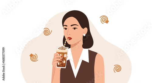 Stylish Woman Sipping Refreshing Iced Coffee Enjoyment In Modern Illustration