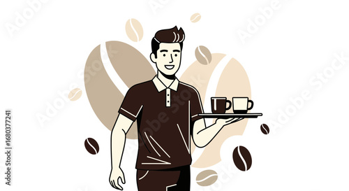Smiling Cafe Server Carrying Coffee Cups on a Tray with Coffee Beans Illustration