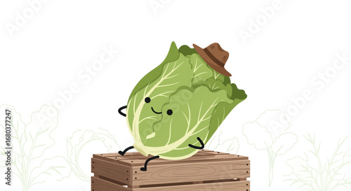 Smiling Cabbage Character Wearing a Hat Resting on a Wooden Crate with Arms and Legs