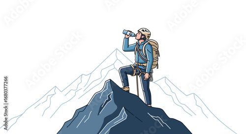 Successful Climber Pauses To Hydrate Atop Mountain After Completing Ascent