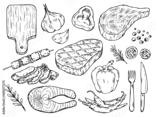 set of isolated hand drawn grilled meat steak and BBQ cooking food illustration 