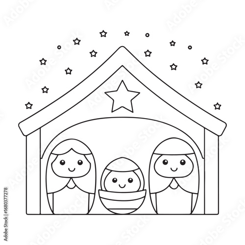 Cute cartoon nativity scene with Mary Joseph and baby Jesus in a stable with stars christmas
