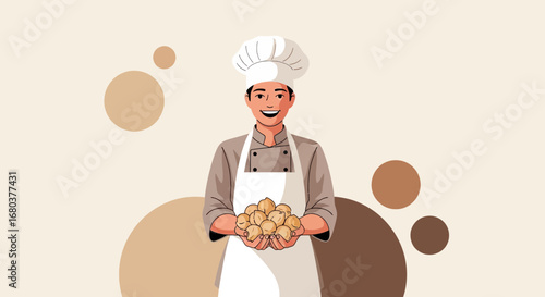 Smiling Chef Holding Newly Baked Goods, Presenting Culinary Delights And Expertise