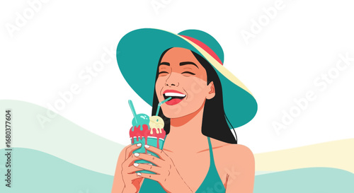Summer Fun: Joyful Woman Relishes Ice Cream and Beach Hat During Vacation Time