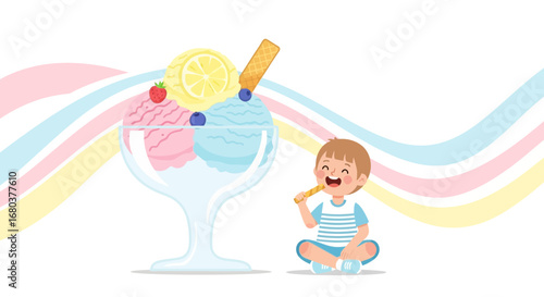 Smiling Child Enjoys Delicious Ice Cream Sundae, Perfect Summer Treat Illustration