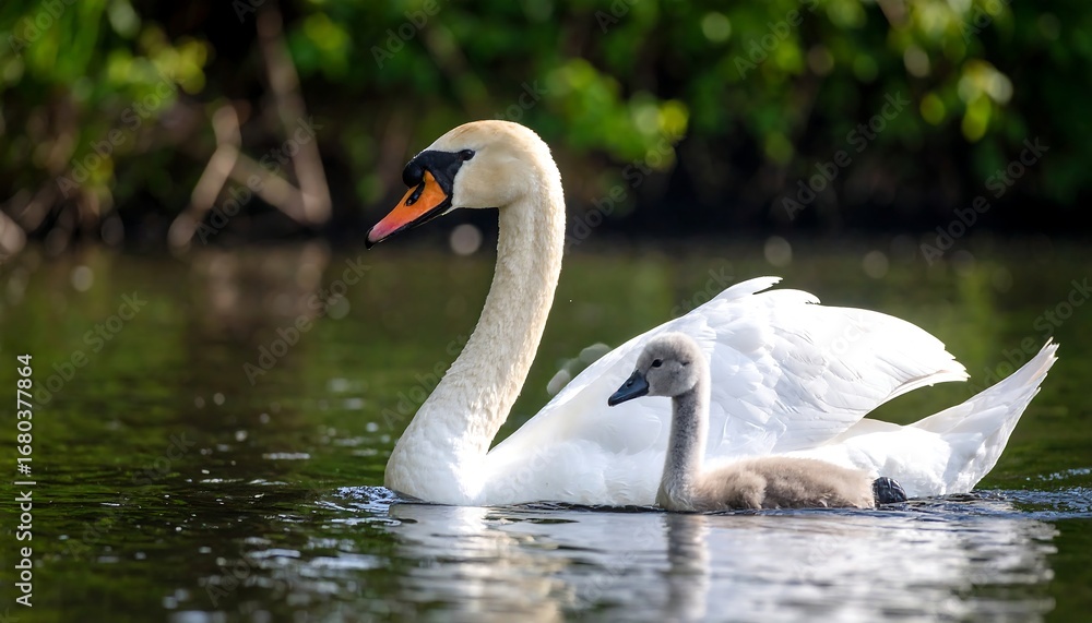 Fototapeta premium Swans on water, mother and cygnet