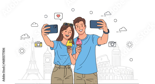 Smiling Couple Capturing Memories While Enjoying Ice Cream And Traveling The World Scene