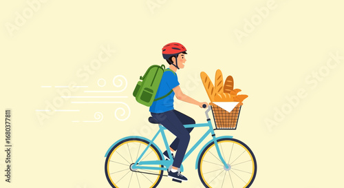 Smiling Courier Delivering Fresh Baked Goods on Bicycle with Bread Basket and Backpack