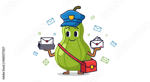 Smiling Cute Postman Character Delivering Mail, Bright and Cheerful Cartoon Design
