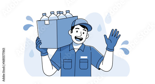 Smiling Delivery Man Delivering Water Bottles Packaged In Box With Cheerful Expression