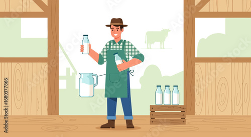 Smiling Dairy Farmer Holding Bottles Of Milk In A Wooden Barn With Cow Silhouette