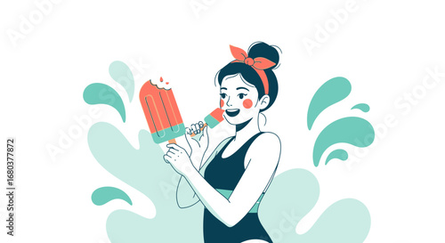 Summer Refreshment: Young Woman Enjoying Delicious Popsicles Beside Water Splashes