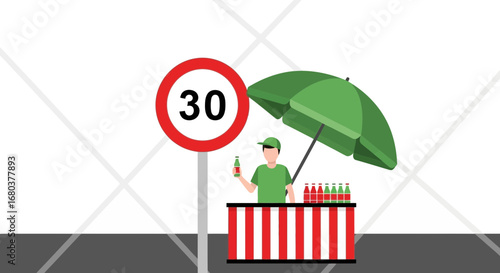 Summer Refreshment Stand Beside a Speed Limit Sign Offering Cold Beverages
