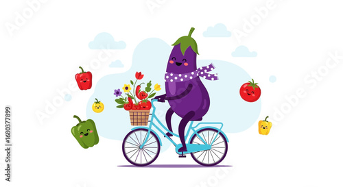 Smiling Eggplant Rides Bicycle Carrying Vegetables and Blooms, Charming Illustration