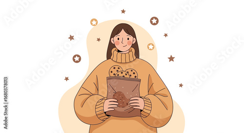 Smiling Figure Holding Bag Of Baked Cookies, Surrounded By Stars Illustration