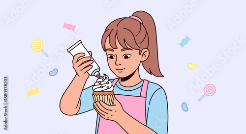 Smiling Girl Decorating Cupcake with Cream, Colorful Candy and Happy Expression