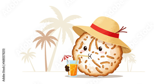 Sunbathing Snack Character Enjoying a Tropical Drink on a Sunny Beach Vacation
