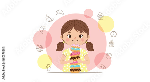 Smiling Girl Holding a Tower of Delicious Donuts and Other Desserts Illustration