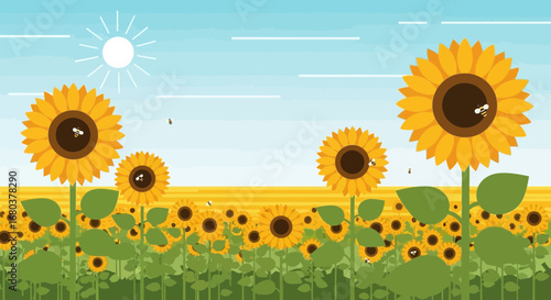 Sunflowers and Bees Blooming Under The Bright Sunshine in A Beautiful Field