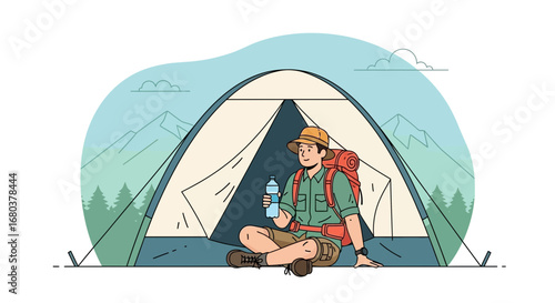 Smiling Hiker Inside Tent Drinking Water During Camping Trip in Wild Outdoors