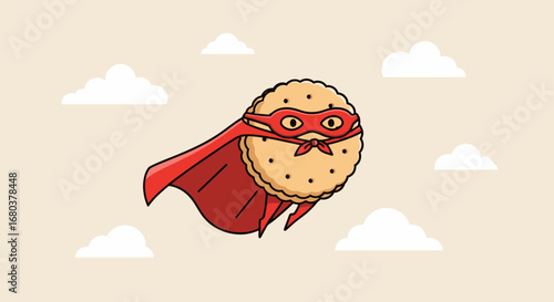 Superhero Snack Soaring Through the Sky with Cape and Mask in Whimsical Illustration