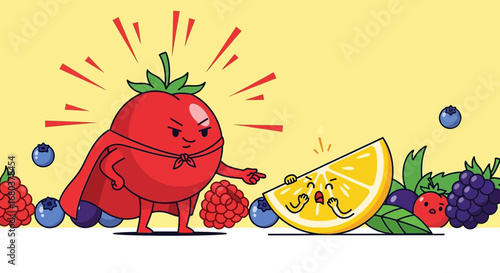 Super-Tomato Confronts Nervous Lemon Surrounded By Various Fruits, A Comic Depiction