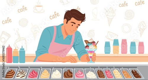 Smiling Ice Cream Server Presenting a Delicious Sundae in a Cafe Setting