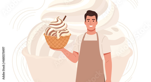 Smiling Ice Cream Vendor Presenting Swirly Dessert Treat With Artistic Background