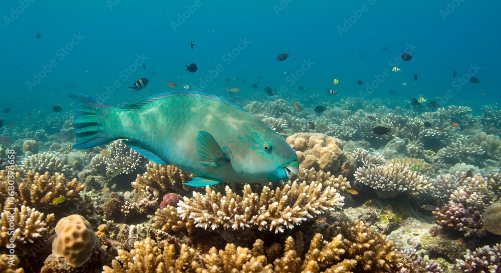 Fototapeta premium Parrotfish feeding on coral reef