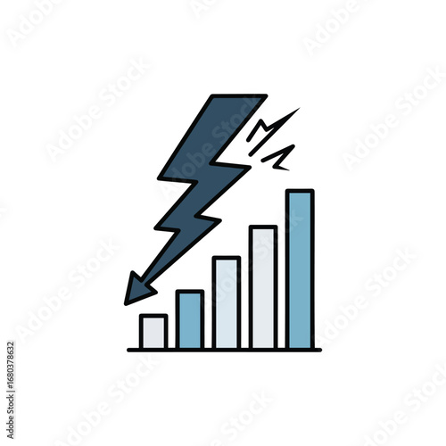 A bar graph showing a downward trend struck by a lightning bolt, indicating a crash or failure.