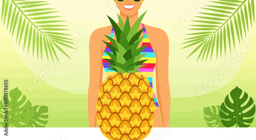Smiling Lady Posing With A Fresh Pineapple And Wearing Sunglasses, Summer Vibes