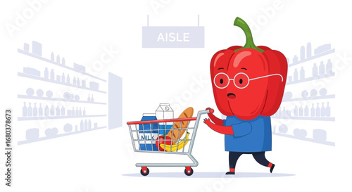 Surprised Red Pepper Person Pushing A Shopping Cart At The Supermarket In An Unusual Way