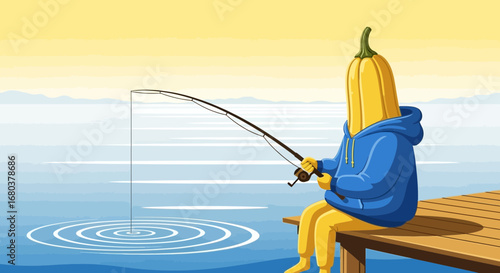 Surrealist Illustration Of a Vegetable Character Enjoying Peace While Fishing on a Dock