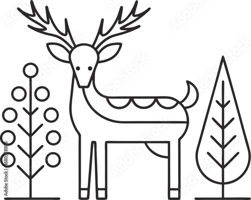 Elegant christmas deer with trees, a minimalist line art design for holiday cards, decorations, and winter season greetings with a vintage touch