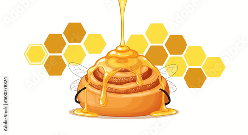 Sweet Bee-inspired Pastry With Golden Honey Drizzle And Hexagonal Honeycomb Background