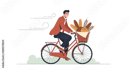 Smiling Man Biking With Loaves In Basket, Delivering Freshly Baked Goods Professionally