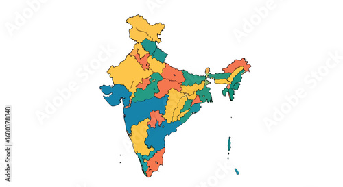 Vibrant map of India with colorful regions for political analysis, education and geographical visual representing the Indian subcontinent and its